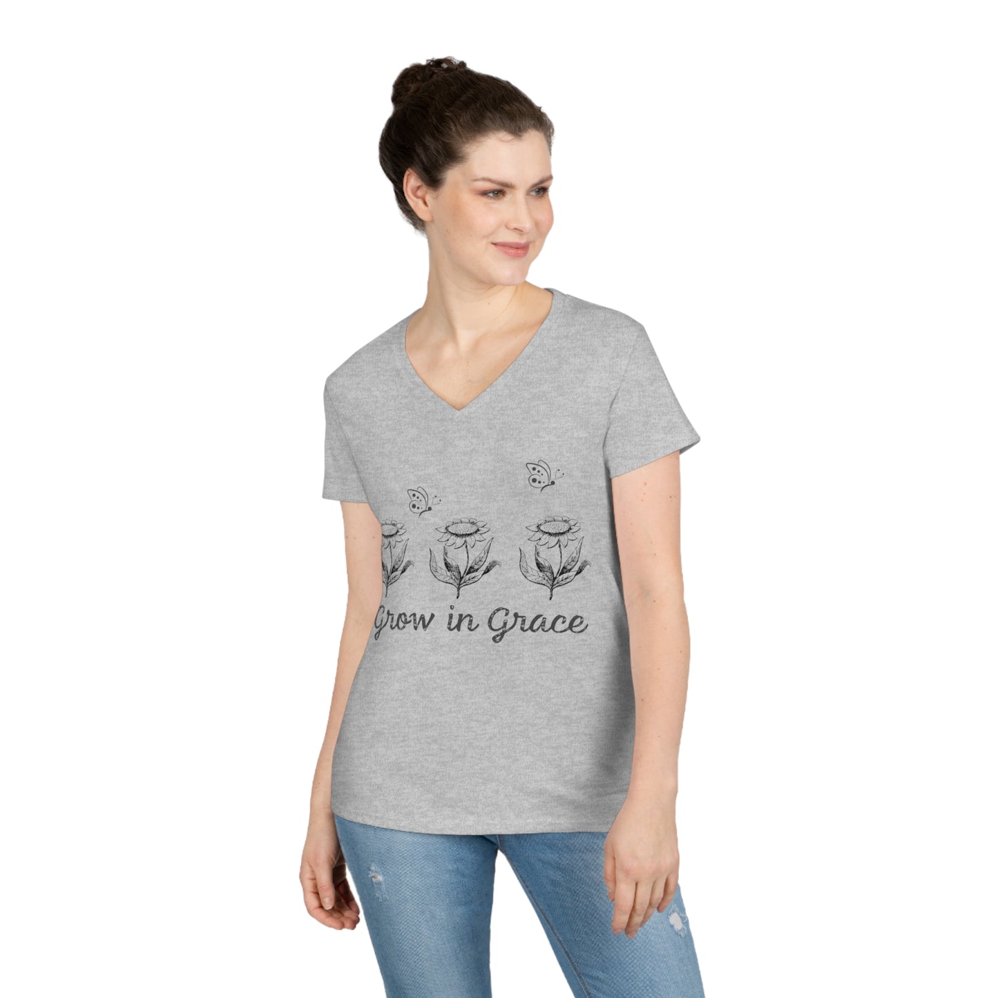Ladies' V-Neck T-Shirt, Grow With Grace Shirt, Bible Verse Shirt