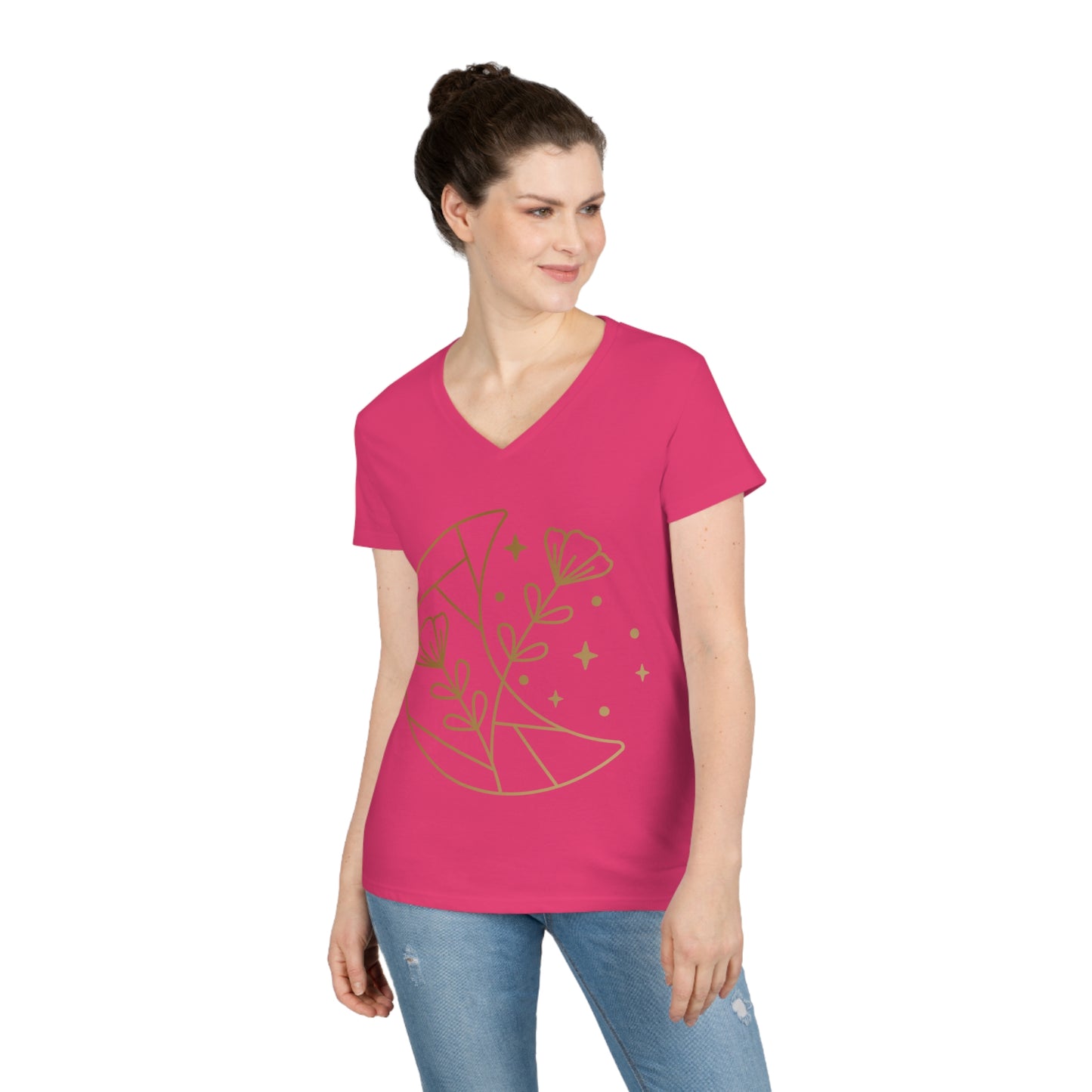 Ladies' V-Neck T-Shirt, Earthy Tee, Moon and Stars Shirt, Short Sleeve Women's Shirt