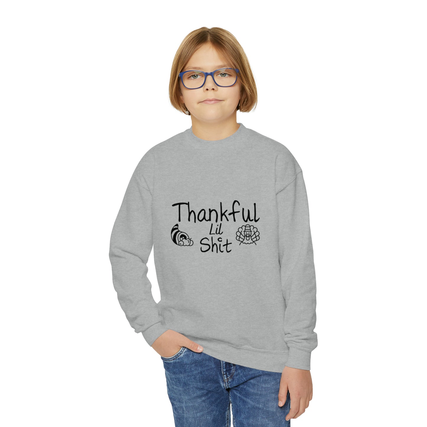 Youth Crewneck Sweatshirt, Holiday Sweatshirt, Thankful lil, Kids Loose Fitting Long Sleeve