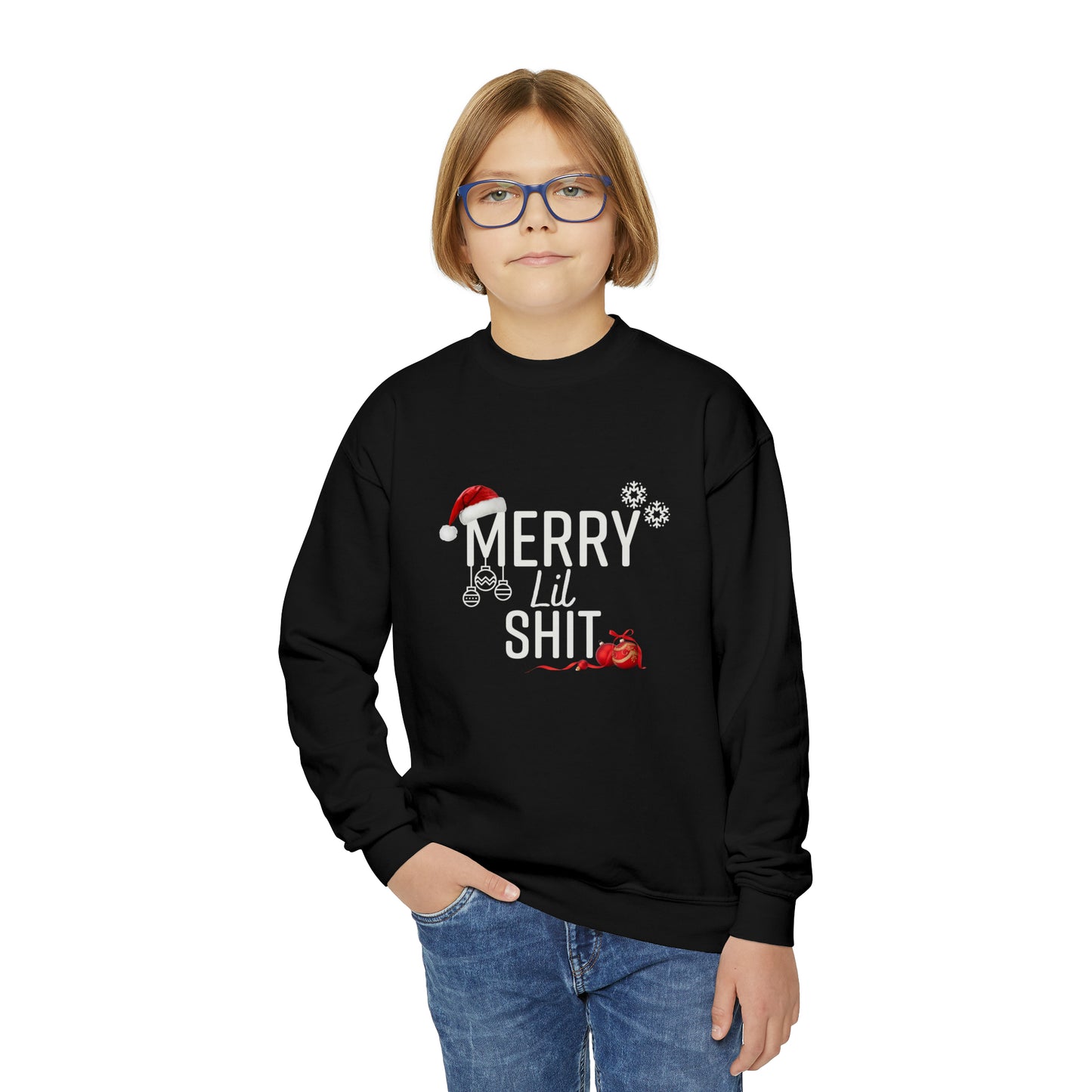 Youth Crewneck Sweatshirt, Holiday Sweatshirt, Merry lil, Kids Loose Fitting Long Sleeve