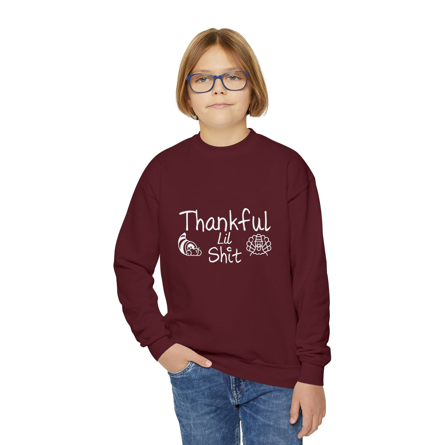 Youth Crewneck Sweatshirt, Holiday Sweatshirt, Thankful lil, Kids Loose Fitting Long Sleeve