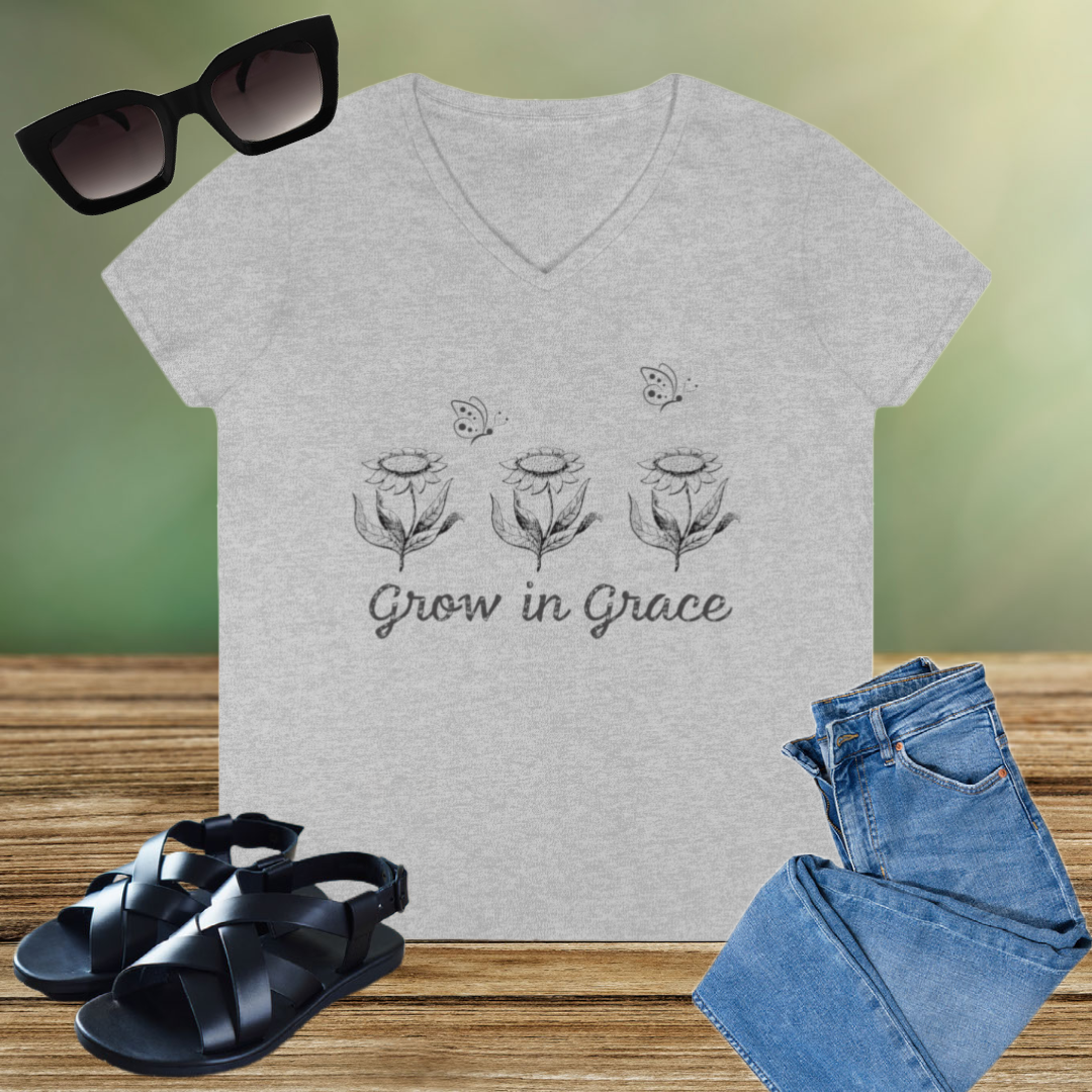 Ladies' V-Neck T-Shirt, Grow With Grace Shirt, Bible Verse Shirt