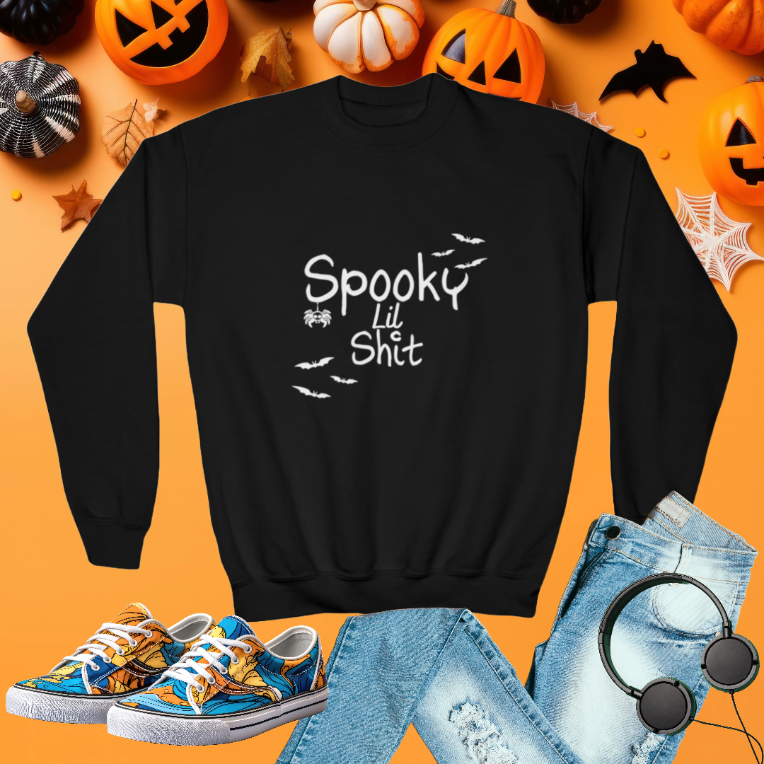 Youth Crewneck Sweatshirt, Holiday Sweatshirt, Spooky lil, Kids Loose Fitting Long Sleeve