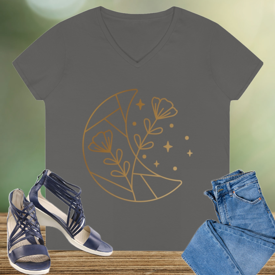Ladies' V-Neck T-Shirt, Earthy Tee, Moon and Stars Shirt, Short Sleeve Women's Shirt